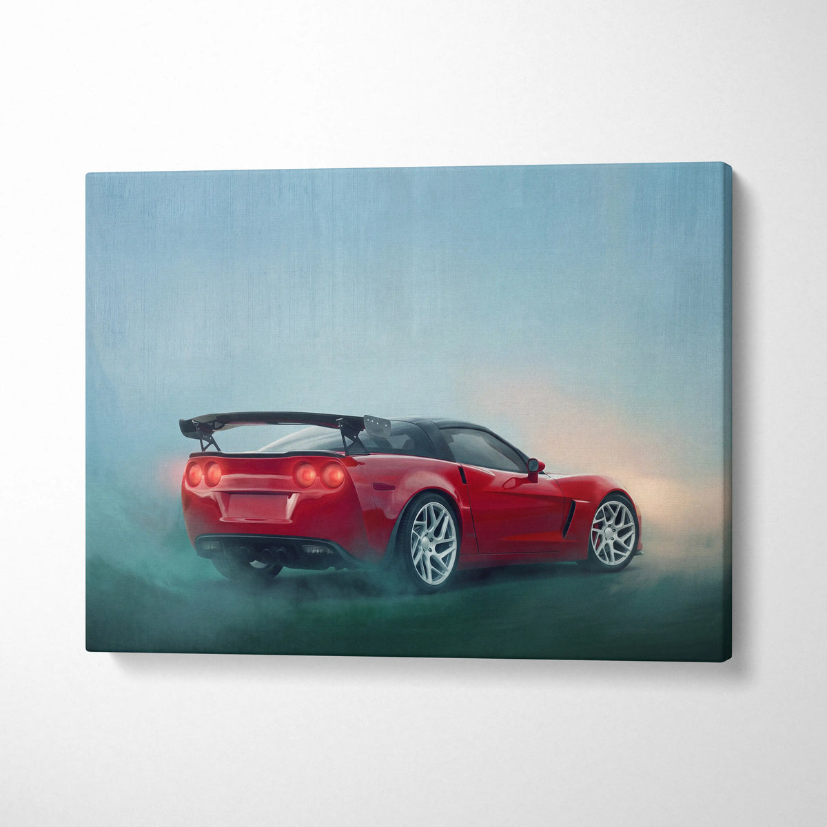 Chevrolet Corvette inspired red sports car canvas print with glowing taillights and silver alloy wheels for living room wall art