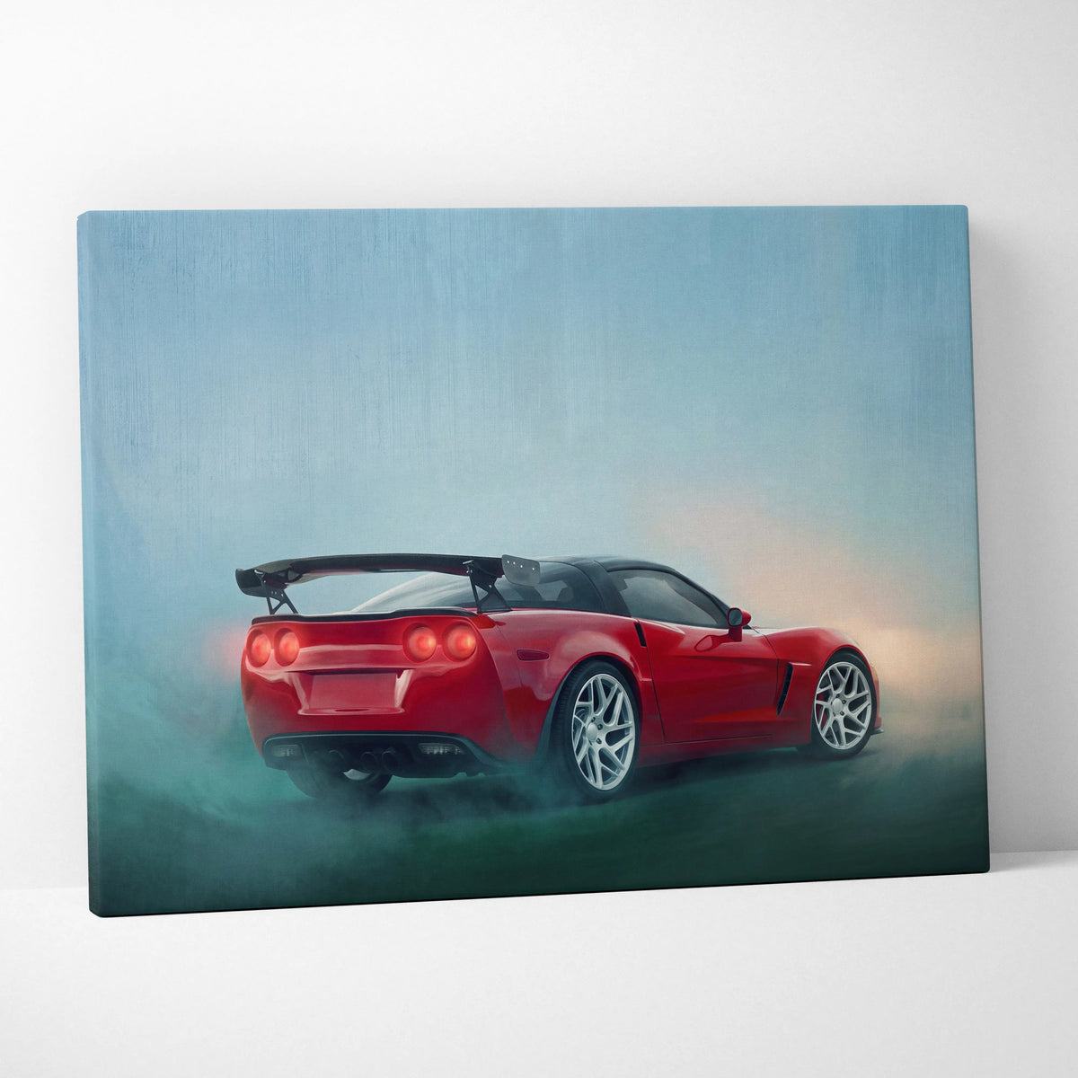 Chevrolet Corvette inspired red canvas print with glowing taillights and black spoiler for living room wall art