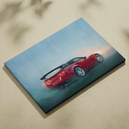 Chevrolet Corvette inspired red sports car painting on canvas with glowing taillights and silver alloy wheels for living room