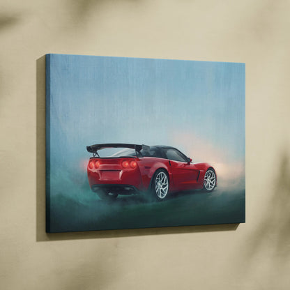 Red chevrolet corvette sports car canvas painting with black rear spoiler and silver alloy wheels for living room wall art