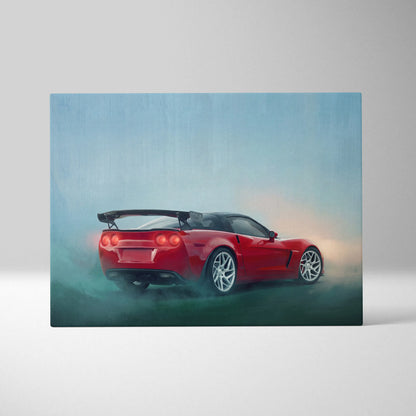Chevrolet Corvette inspired automotive wall art featuring a red sports car painting with glowing taillights and black spoiler