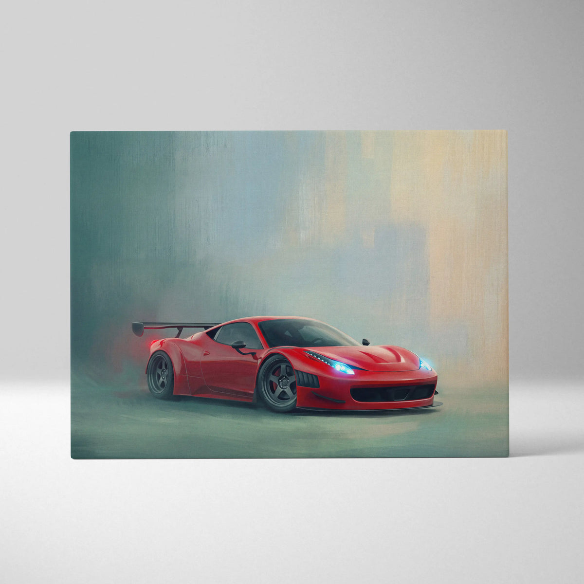 Vibrant red ferrari 458 italia inspired automotive wall art featuring a dynamic smoky sports car canvas print