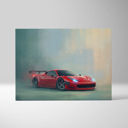Vibrant red ferrari 458 italia inspired automotive wall art featuring a dynamic smoky sports car canvas print