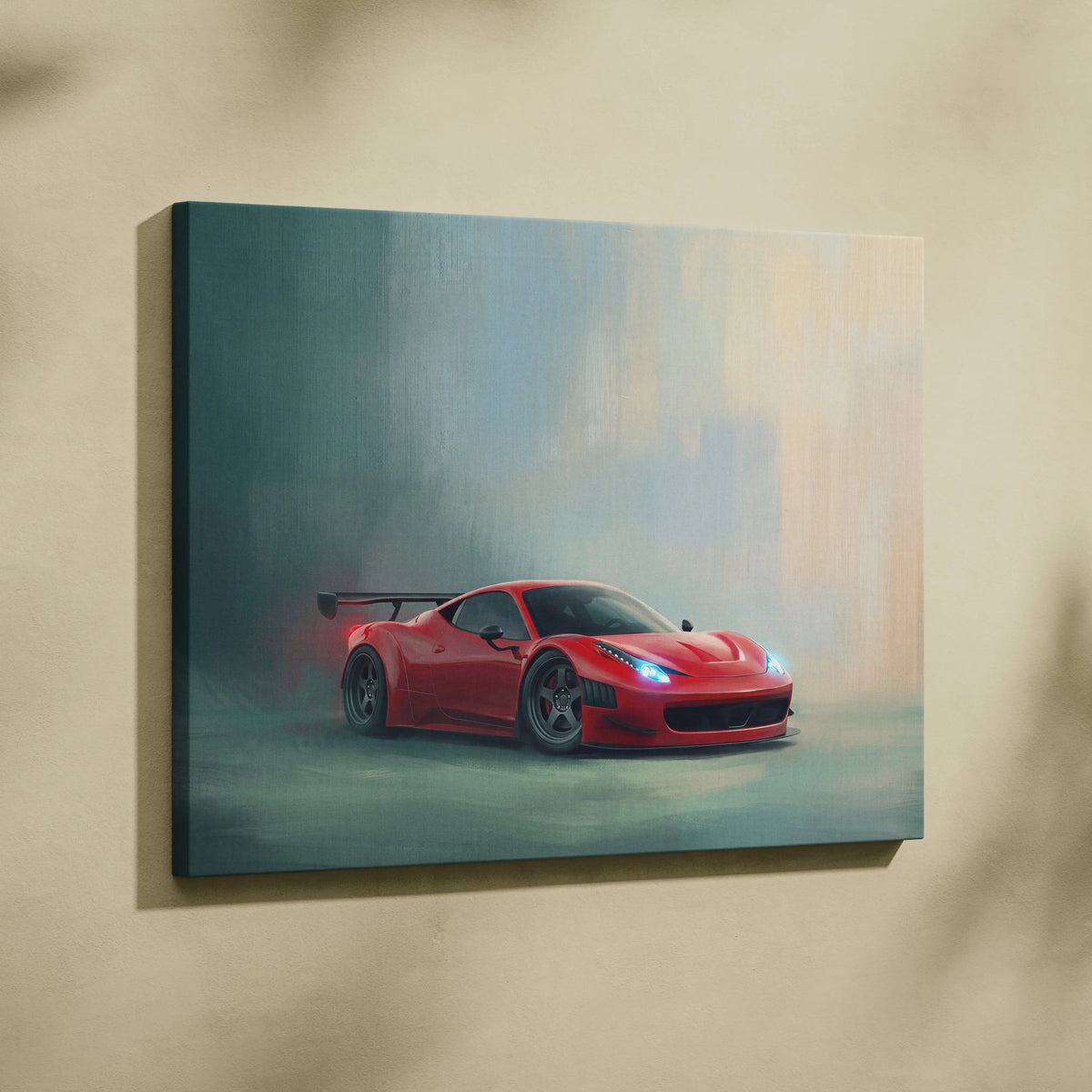 Vibrant red ferrari 458 italia sports car on misty background printed on stretched canvas luxury supercar wall art