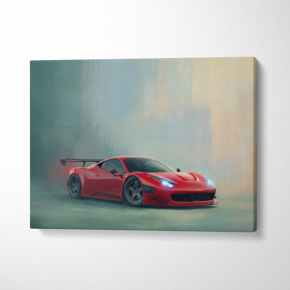 Red ferrari 458 italia sports car canvas print with glowing blue headlights and rear spoiler in motion against misty backdrop