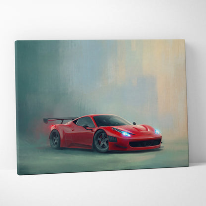Vibrant red ferrari 458 italia sports car smoke artistic design on luxury supercar canvas wall art print