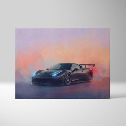 Black matte Ferrari 458 Italia canvas wall art with glowing blue headlights and orange pink smoke backdrop