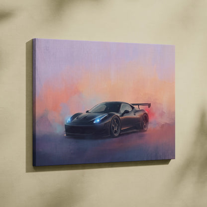 Black matte Ferrari 458 Italia canvas print with glowing blue headlights and red taillights on smoky gradient background
