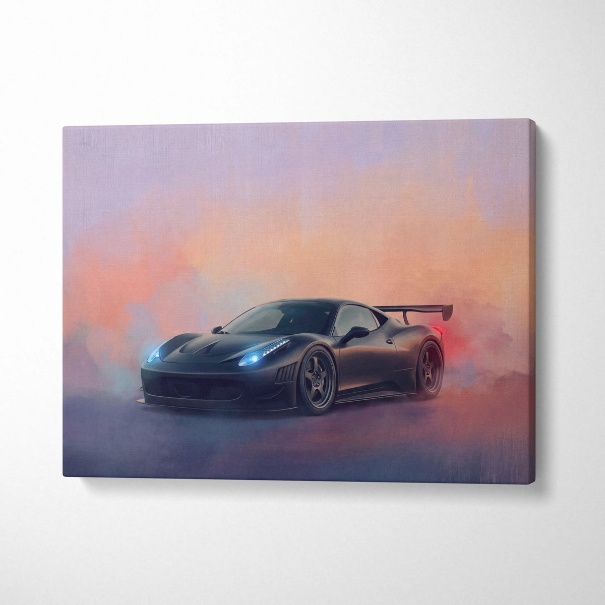 Black matte Ferrari 458 Italia sports car canvas print with glowing blue headlights and red rear spoiler at sunset