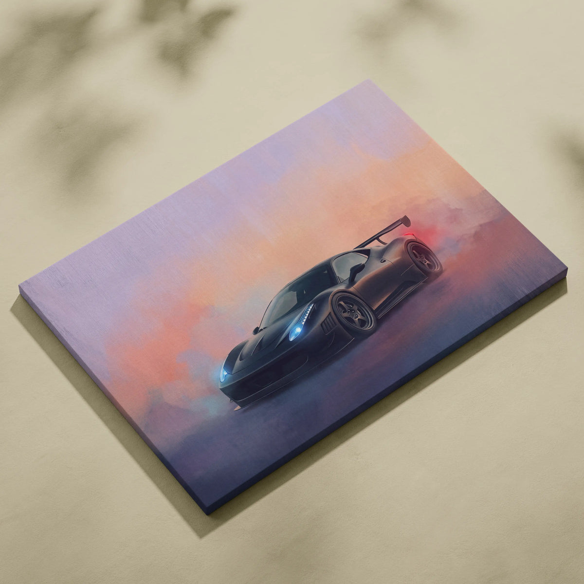 Ferrari 458 Italia inspired black sports car wall art canvas print with glowing blue headlights and orange pink sky backdrop
