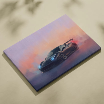 Ferrari 458 Italia inspired black sports car wall art canvas print with glowing blue headlights and orange pink sky backdrop