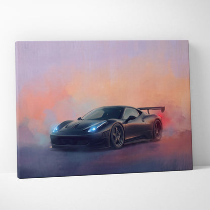 Ferrari 458 italia inspired car wall art canvas print featuring black matte sports car with glowing blue headlights and red taillight