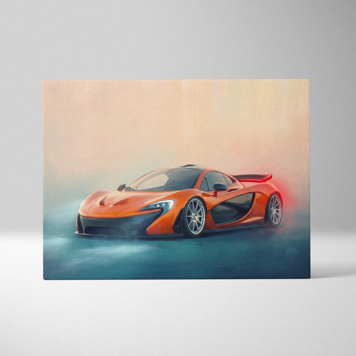 McLaren P1 inspired supercar canvas art featuring a vibrant orange sports car with sleek black aerodynamic lines