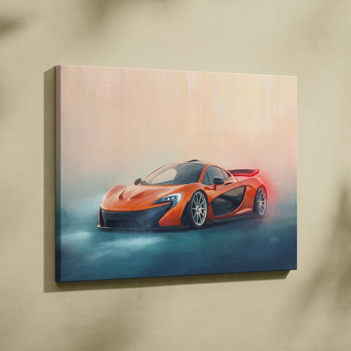 Vibrant orange McLaren P1 inspired supercar canvas art with sleek black accents and glowing red taillights print