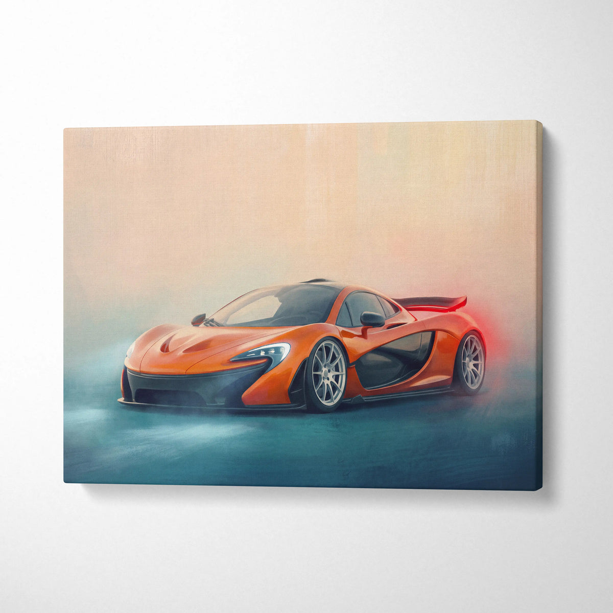 Vibrant orange mclaren p1 sports car depicted in a dynamic painterly canvas art print for custom car wall decor