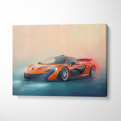 Vibrant orange mclaren p1 sports car depicted in a dynamic painterly canvas art print for custom car wall decor