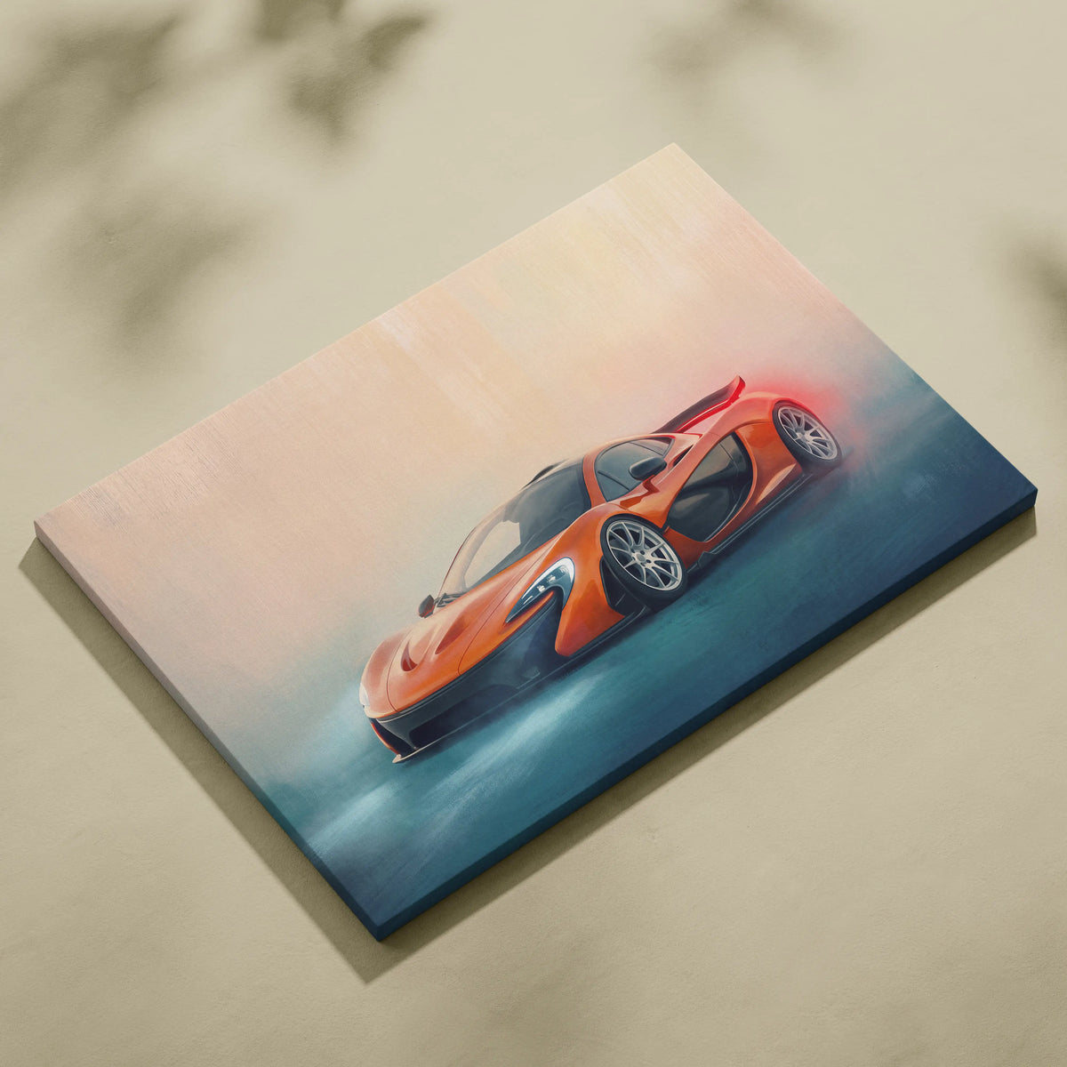 Orange McLaren P1 inspired supercar canvas art featuring a custom car wall art print for automotive decor
