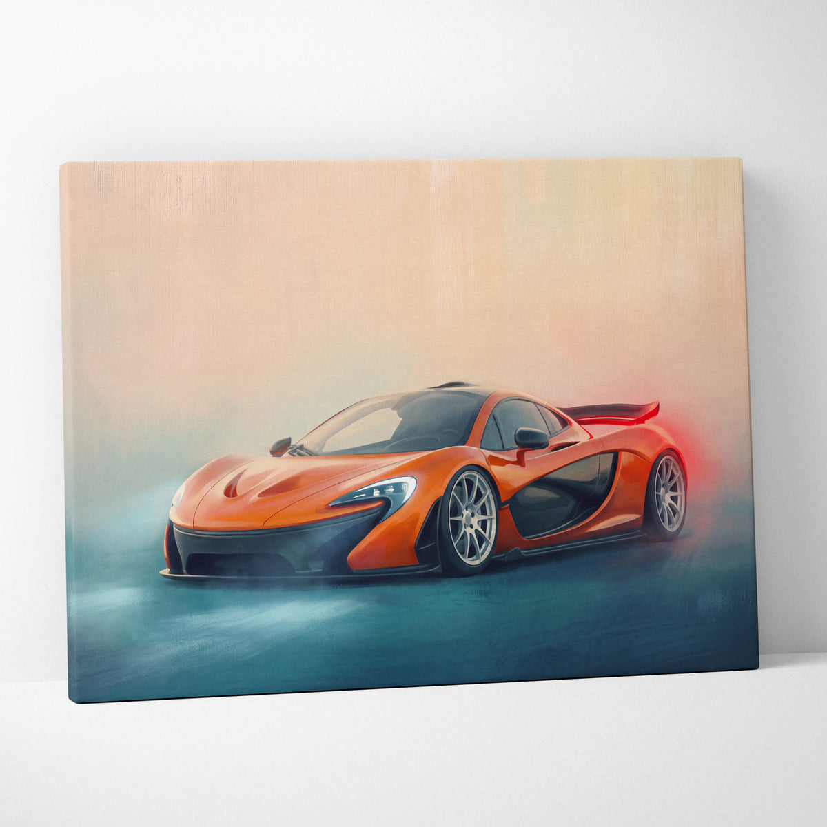 Vibrant orange McLaren P1 inspired supercar canvas art featuring dynamic painterly style custom wall print