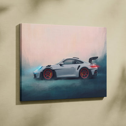 White porsche 911 gt3 rs canvas art with red-accented wheels premium automotive wall decor for sports car fans