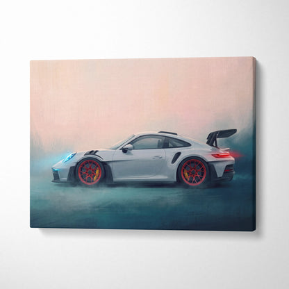 White porsche 911 gt3 rs canvas art with red accented wheels premium automotive wall decor for enthusiasts