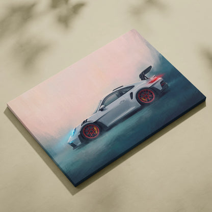 White porsche 911 gt3 rs inspired canvas art with red-accented wheels in a dynamic drift pose premium wall decor