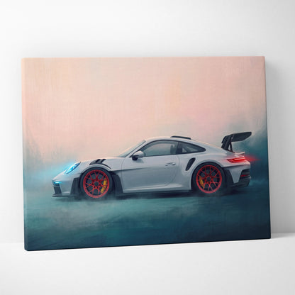 Silver porsche 911 gt3 rs inspired canvas art featuring red alloy wheels and black rear spoiler for wall decor