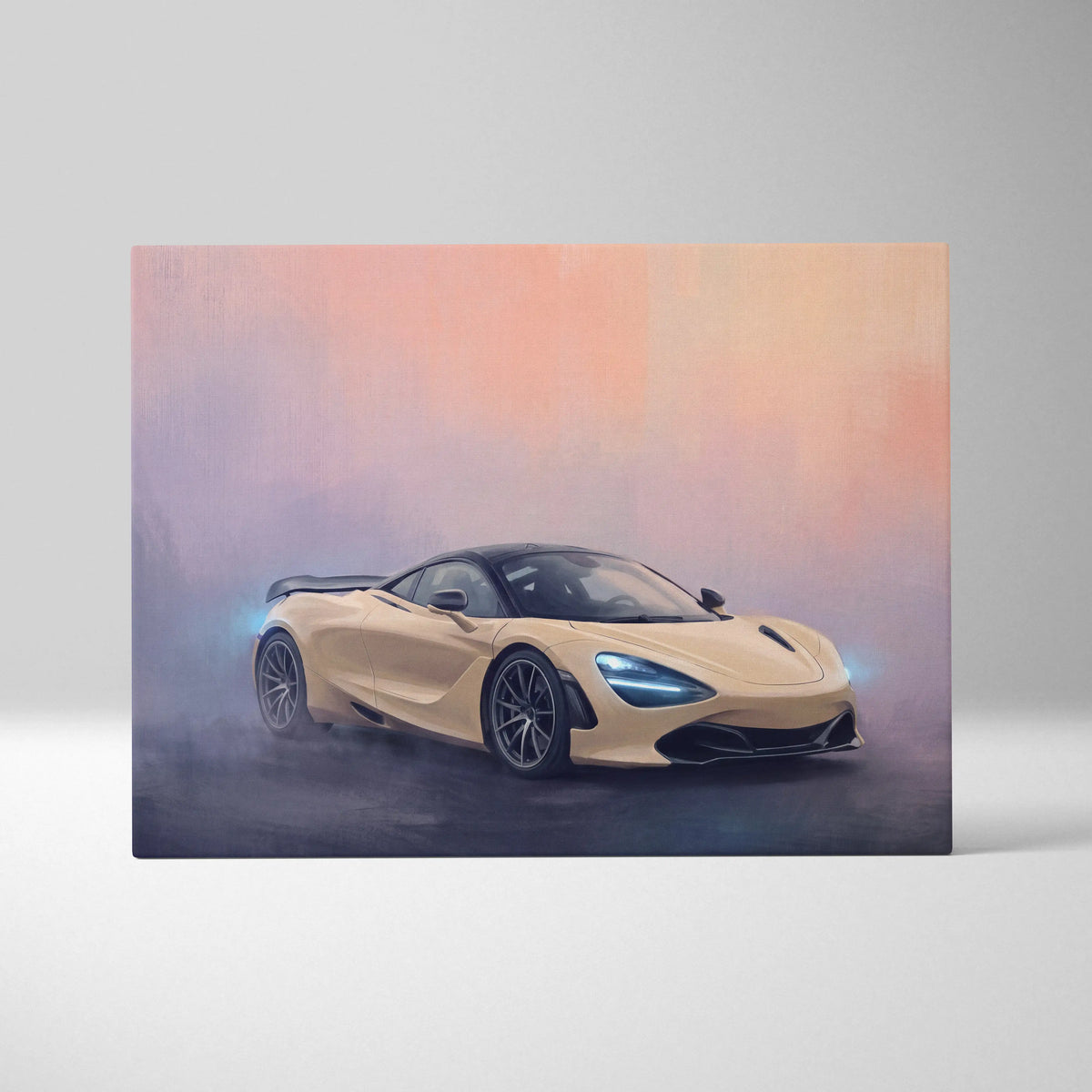 A sleek golden-yellow mclaren 720s sports car with black roof and blue headlights on a luxury supercar canvas print