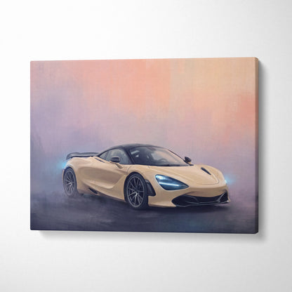 Beige mclaren 720s luxury supercar canvas print with glowing blue headlights and smoky backdrop wall art
