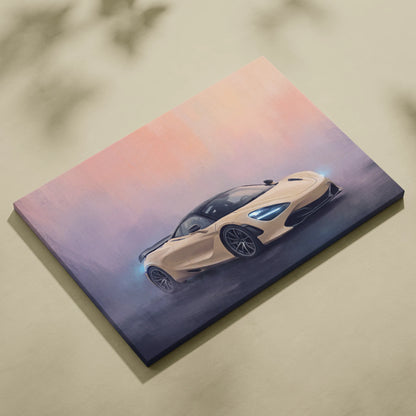 Beige mclaren 720s inspired luxury supercar illustration on a stretched canvas automotive wall art print