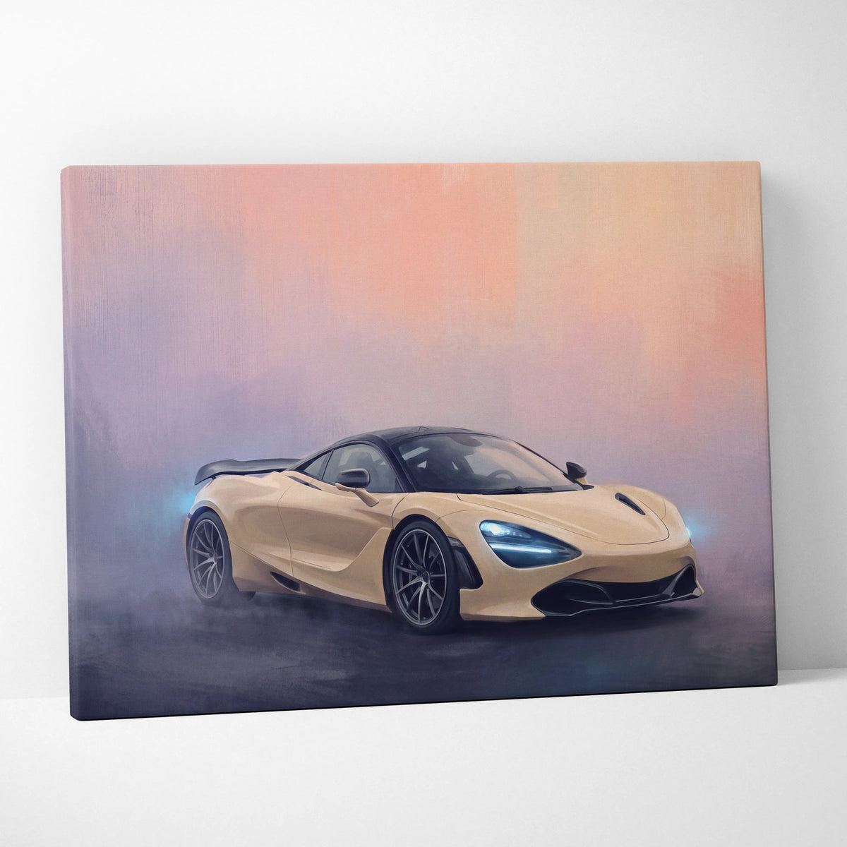 A sleek gold mclaren 720s sports car on a misty pink and purple gradient canvas automotive wall art print