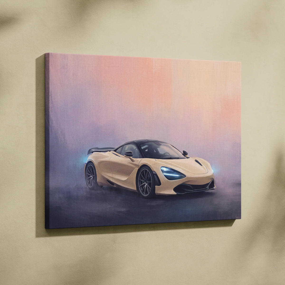Beige mclaren 720s sports car canvas print with glowing blue headlights and misty sunset backdrop for wall art