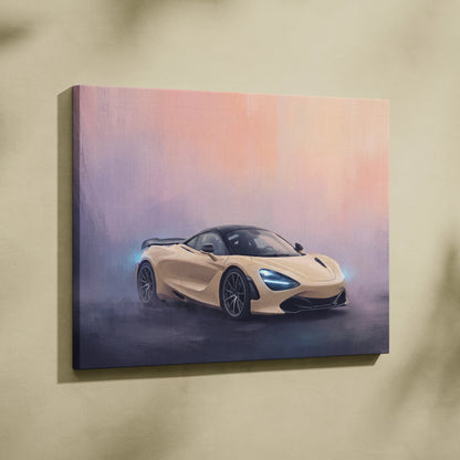 Beige mclaren 720s sports car canvas print with glowing blue headlights and misty sunset backdrop for wall art