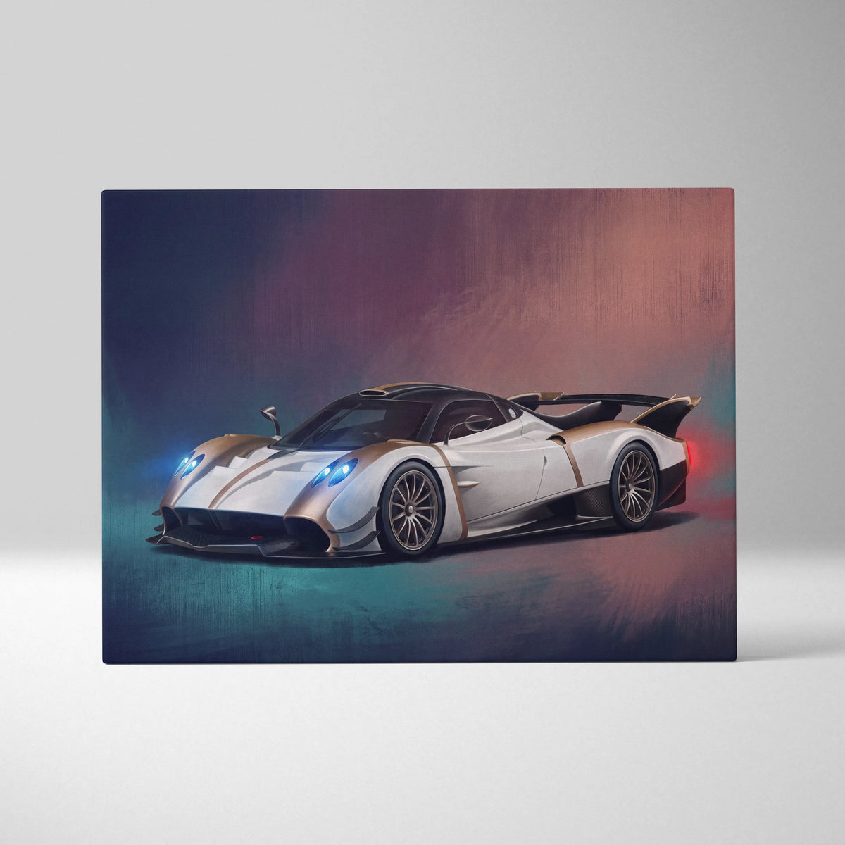 White and gold pagani huayra bc inspired car wall art featuring sleek aerodynamic design on canvas print
