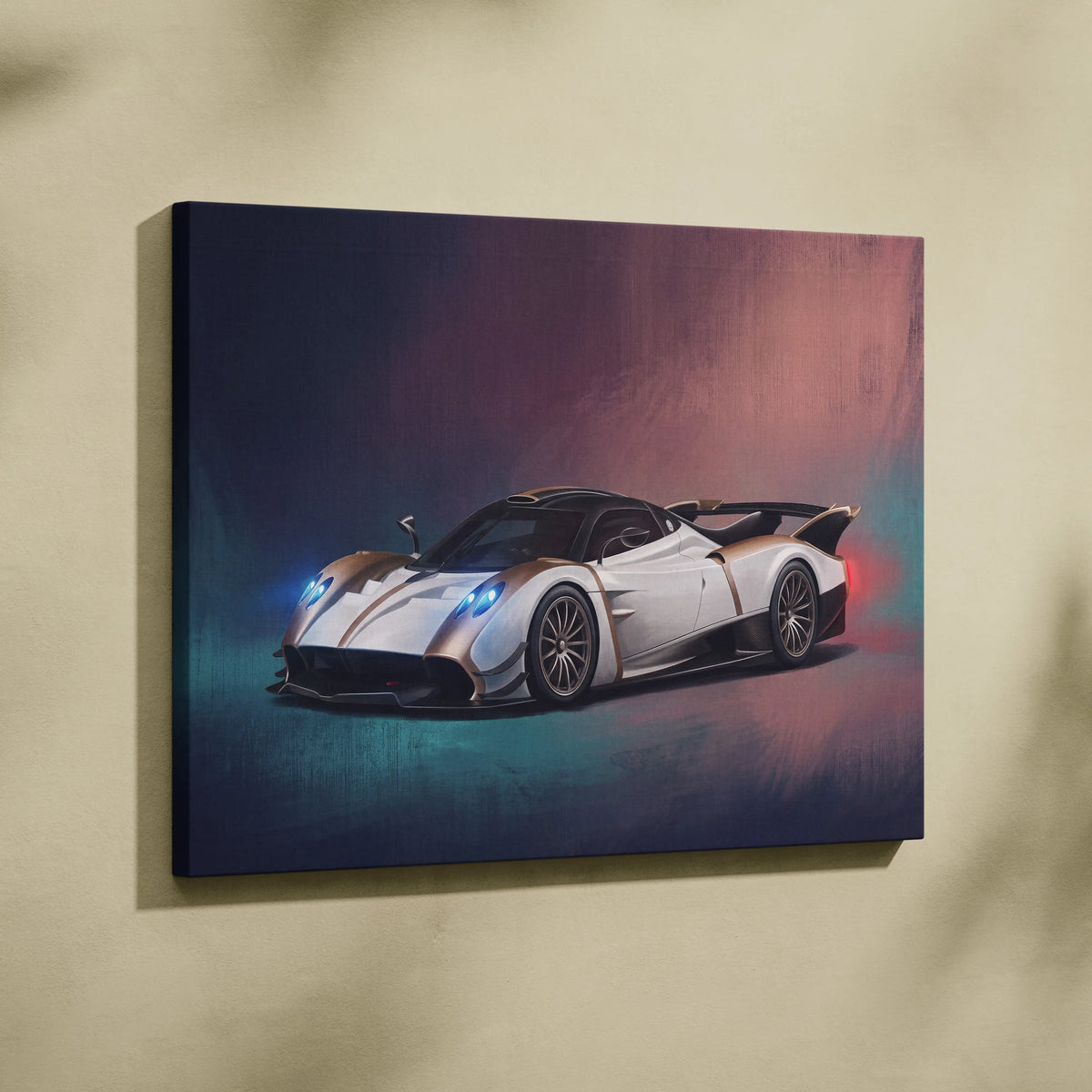 Pagani huayra bc inspired car wall art canvas print featuring white and black sports car with glowing blue headlights