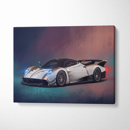Pagani Huayra BC inspired car wall art canvas print featuring a sleek white and black sports car with glowing lights