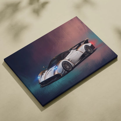 White and black pagani huayra bc inspired car wall art on stretched canvas track edition hypercar painting print