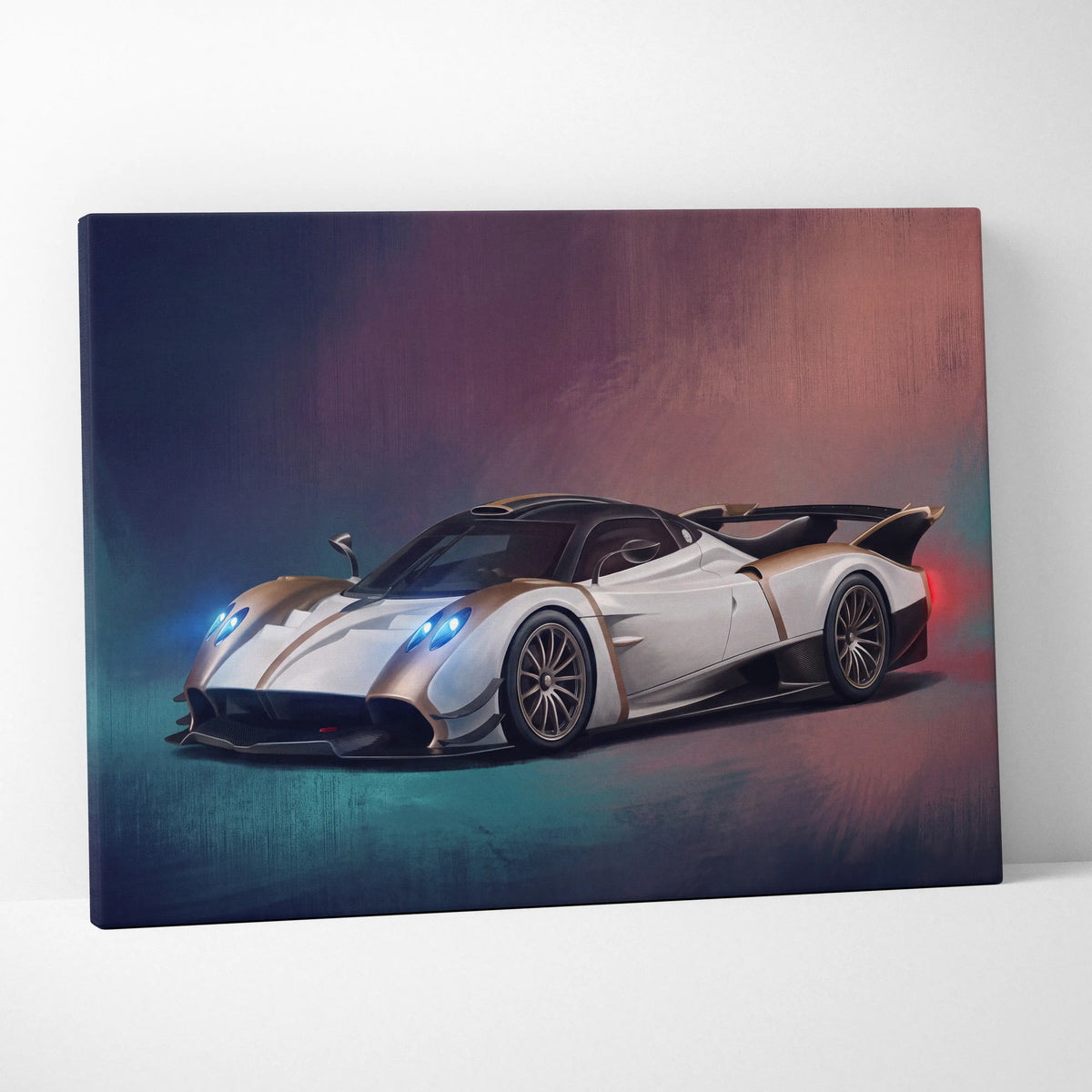 Pagani Huayra BC inspired car wall art canvas print featuring a sleek white and black hypercar with blue headlights