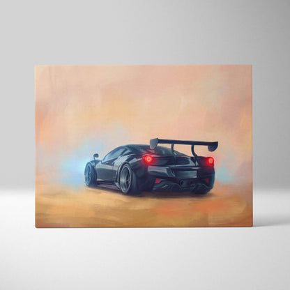 Black Ferrari 488 Pista inspired car wall art showing the back with glowing red taillights and a rear spoiler on canvas