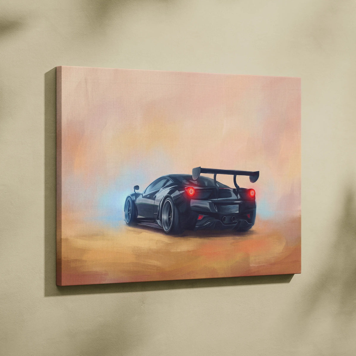 Ferrari 488 pista inspired black sports car wall art with glowing red taillights and rear spoiler on canvas print