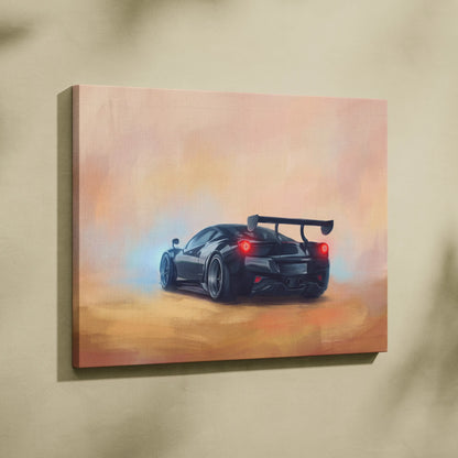 Ferrari 488 pista inspired black sports car wall art with glowing red taillights and rear spoiler on canvas print