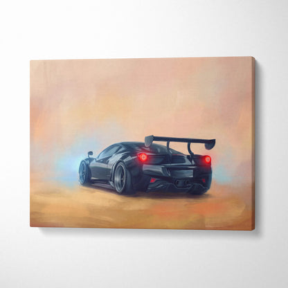 Black Ferrari 488 Pista inspired canvas print featuring a sleek sports car with glowing red taillights and rear spoiler