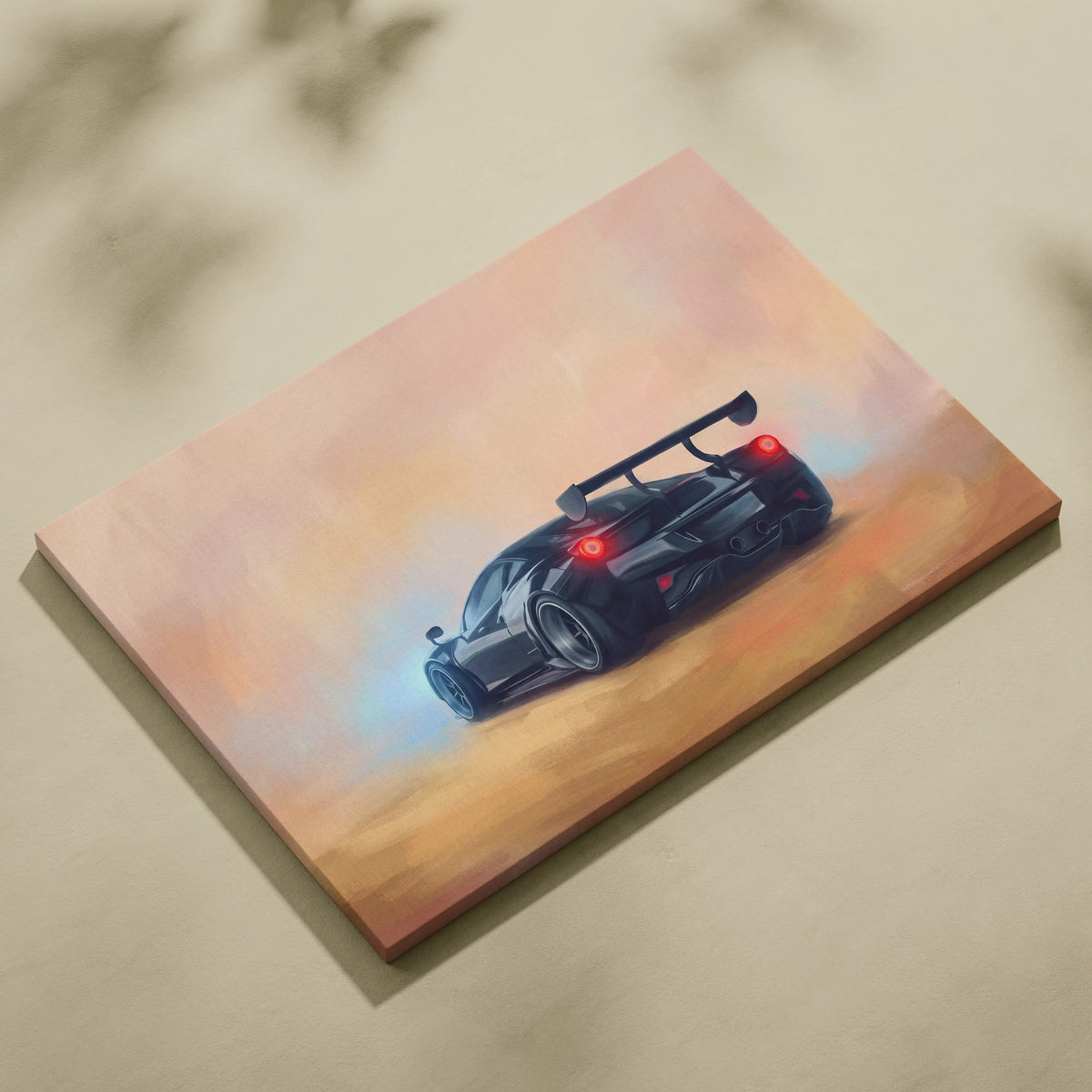 Black sports car illustration on rectangular canvas with warm background ferrari 488 pista inspired wall art print