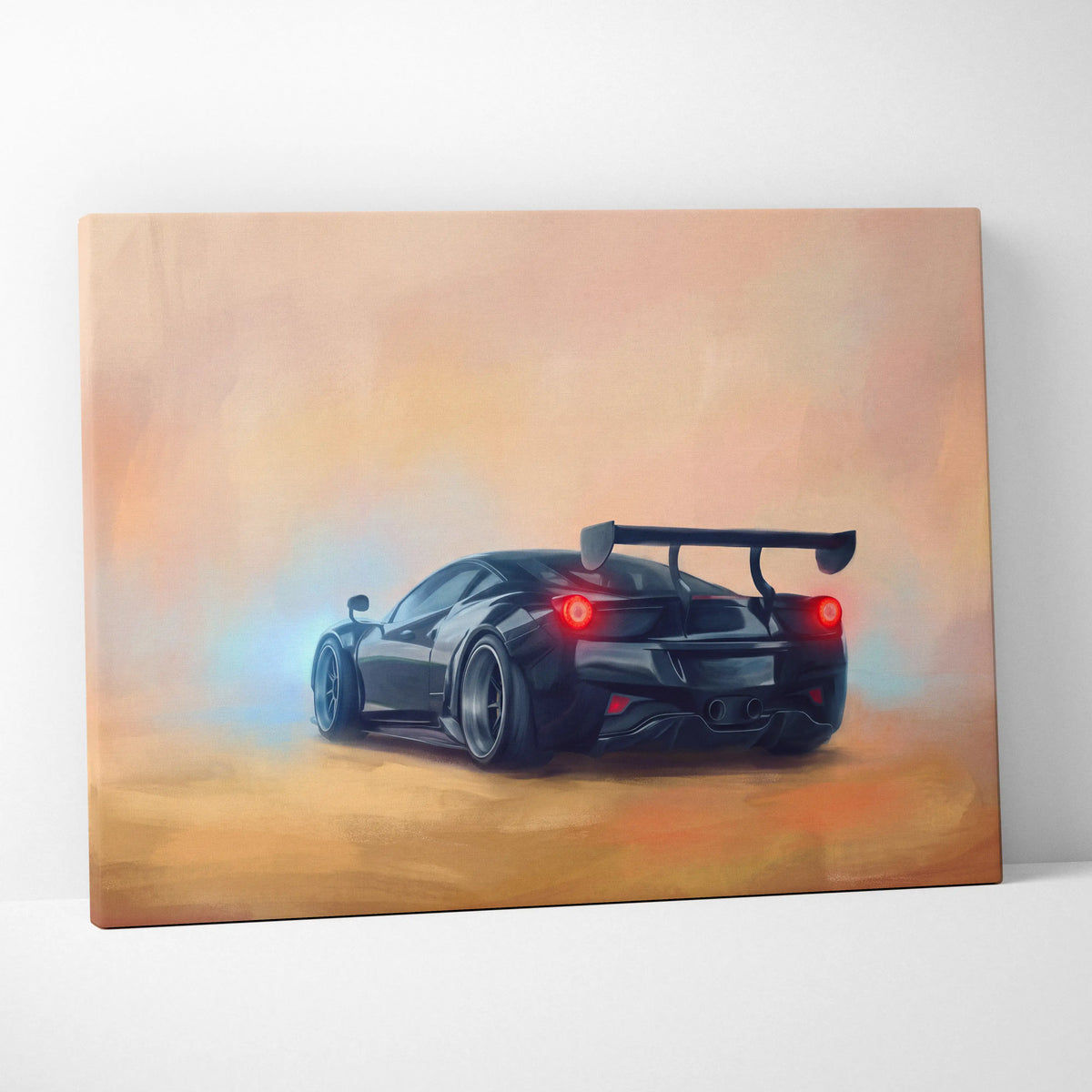 Ferrari 488 pista inspired black sports car canvas print featuring glowing red taillights and rear spoiler