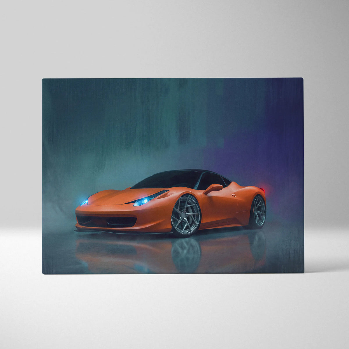 Ferrari 458 Italia inspired automotive wall art featuring vibrant orange sports car with glowing blue headlights on wet canvas print