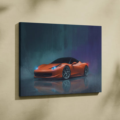 Ferrari 458 Italia inspired luxury supercar canvas print featuring vibrant orange car with glowing blue headlights and wet pavement