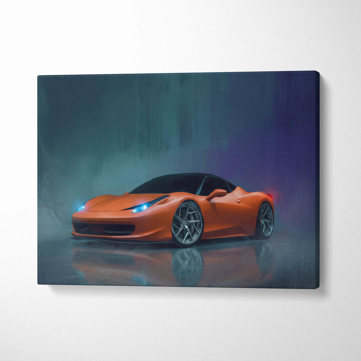 Vibrant orange Ferrari 458 Italia inspired automotive wall art canvas print with glowing blue headlights and sleek design
