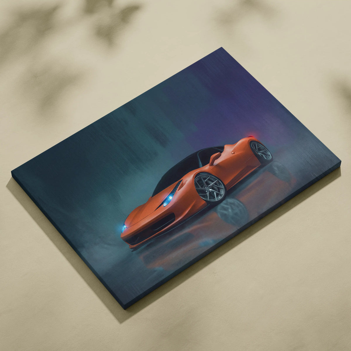 Vibrant orange ferrari 458 italia inspired sports car wall art on stretched canvas with glowing blue headlights and dark wheels