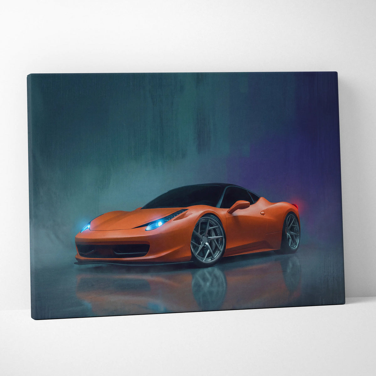 Vibrant orange Ferrari 458 Italia inspired luxury supercar canvas print with glowing blue headlights and dark background