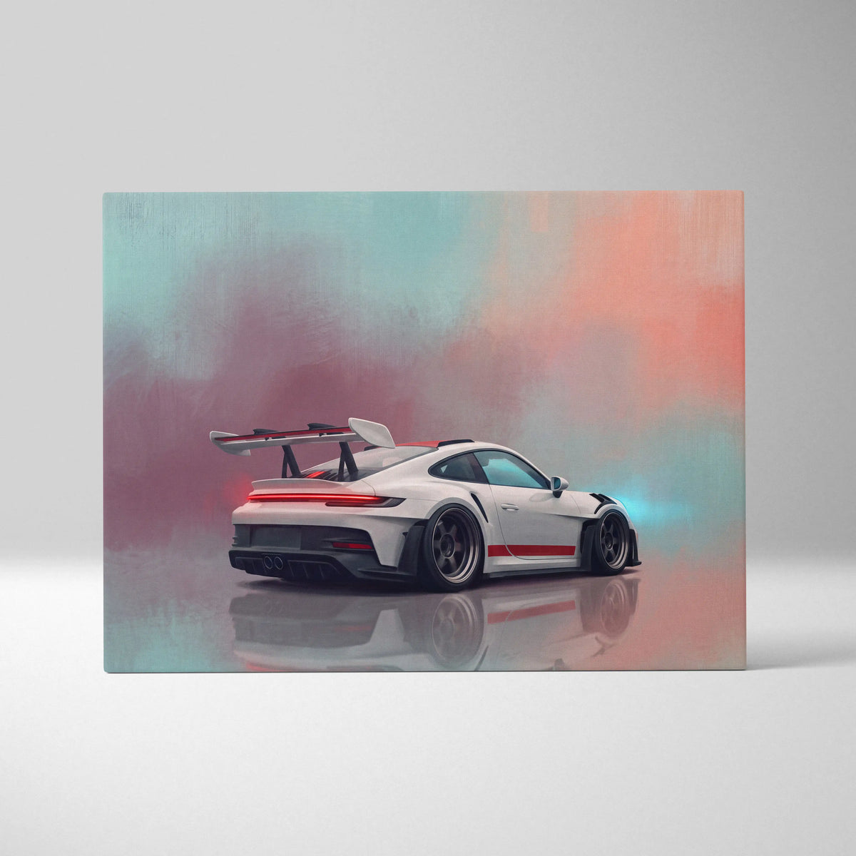White porsche 911 gt3 rs inspired supercar canvas art with red accents and large rear wing for custom wall decor