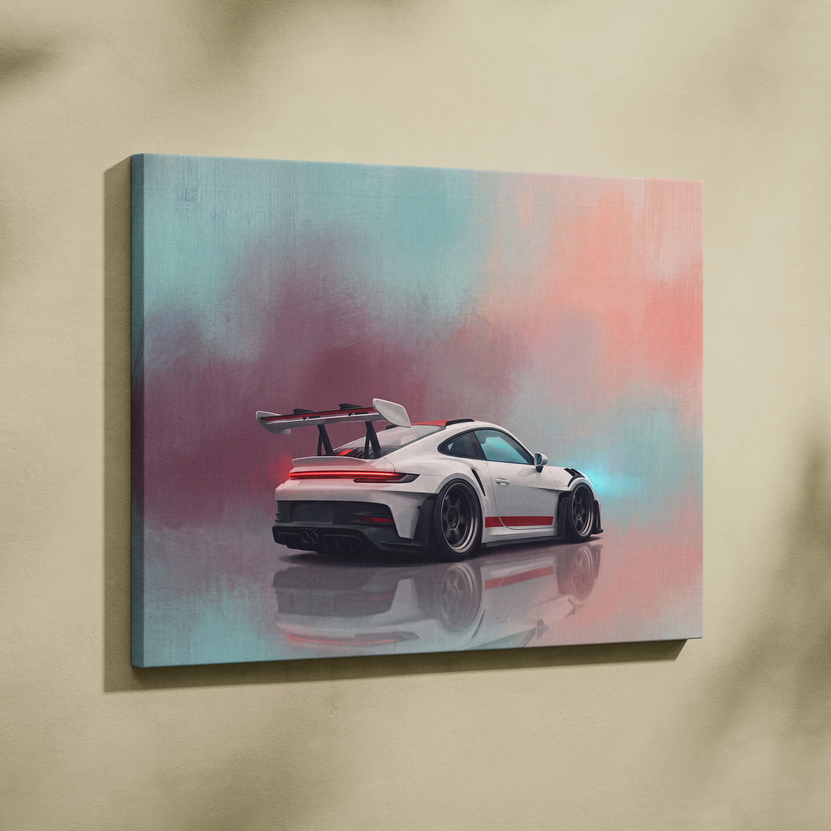 White porsche 911 gt3 rs canvas art print with red accent stripe and stylized rear spoiler on gradient background